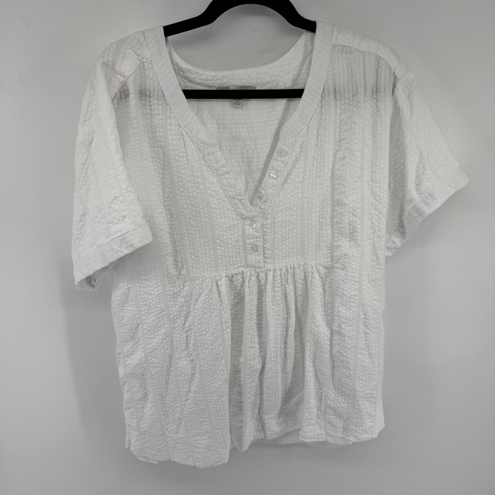 Lucky Brand Blouse Womens L White Cotton Rayon Henley Seersucker Boho Chic Top